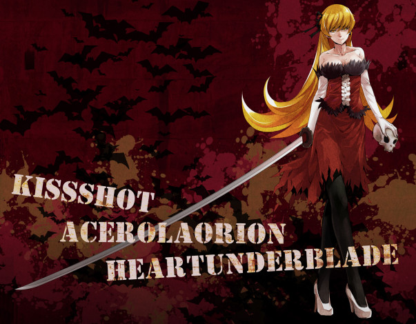 Обои картинки фото аниме, bakemonogatari, oshino, shinobu, kissshot acerolaorion heartunderblade, девушка, меч, катана, оружие, платье, череп