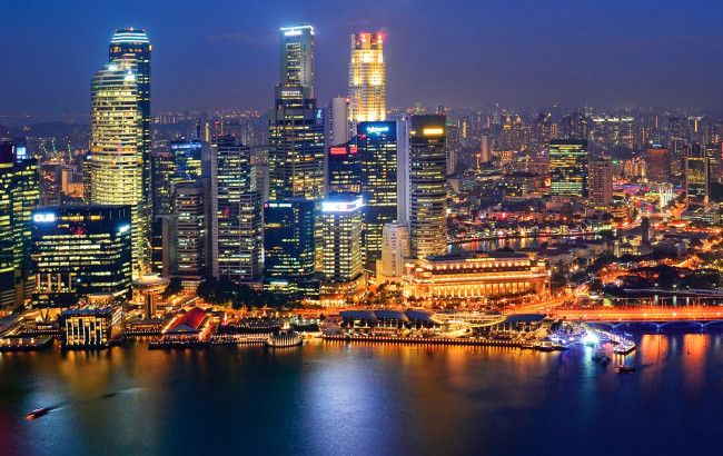 Обои картинки фото города, сингапур, здания, ночь, огни
