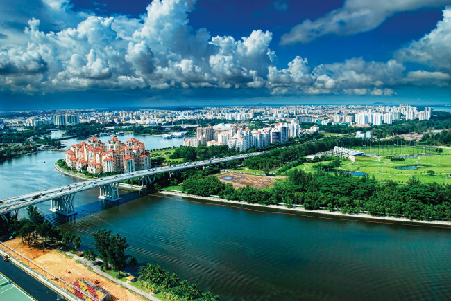 Обои картинки фото города, сингапур, высота, птичьего, полёта, панорама, мост