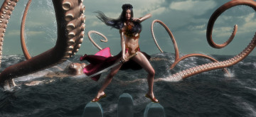 Картинка 3д+графика фантазия+ fantasy девушка взгляд меч амазонка море восьминог