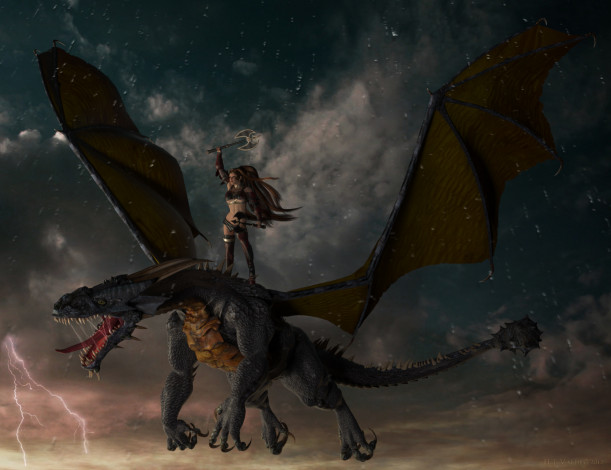 Обои картинки фото 3д графика, фантазия , fantasy, дракон, девушка, полет