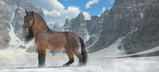 Обои картинки фото 3д графика, животные , animals, снег, горы, лошадь
