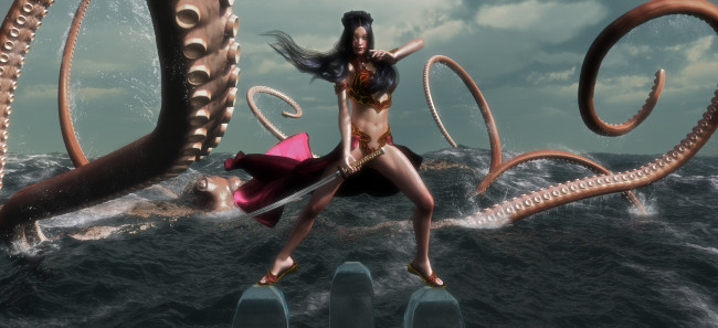 Обои картинки фото 3д графика, фантазия , fantasy, девушка, взгляд, меч, амазонка, море, восьминог