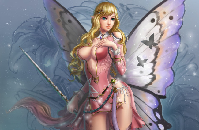 Обои картинки фото фэнтези, феи, оружие, бабочка, взгляд, искорки, бабочки, арт, фея, крылья, butterfly, девушка