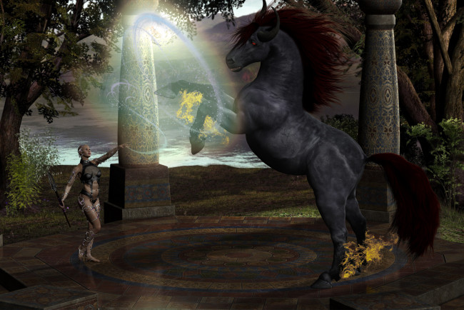 Обои картинки фото 3д графика, эльфы , elves, эльфийка, взгляд, лошадь, магия, огонь