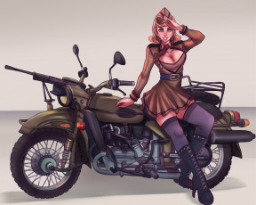 Картинка рисованное люди блондинка девушка мотоцикл красавица пулемет грудь униформа