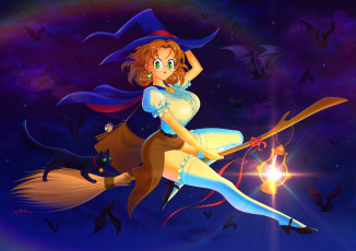 Картинка праздничные хэллоуин фон взгляд девушка фонарь летучие мыши кот метла полет