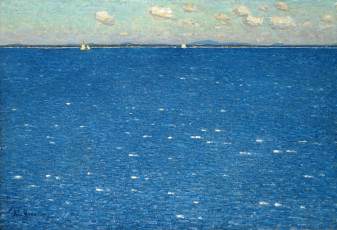 Картинка the+west+wind+isles+of+shoals рисованное frederick+childe+hassam облака парусник корабль море