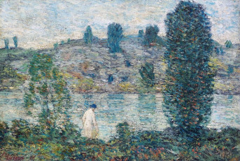 Картинка summer+afternoon рисованное frederick+childe+hassam берега река деревья женщина