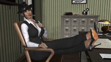 Картинка 3д+графика люди+ people сигарета взгляд фон девушка кофточка шляпа стол офис