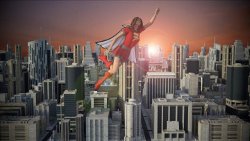 Картинка 3д+графика люди+ people взгляд город девушка полет супермен фон