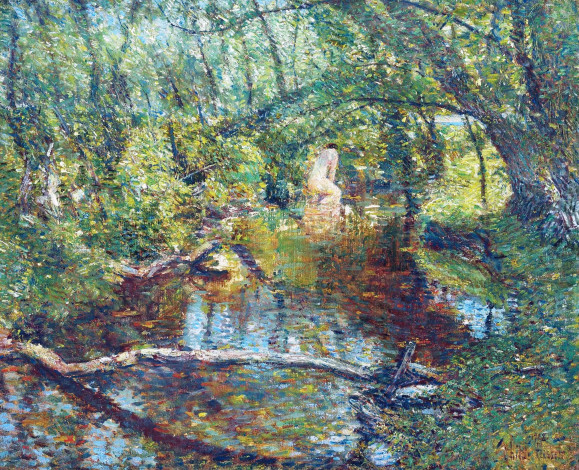 Обои картинки фото sunlight brook, рисованное, frederick childe hassam, ручей, коряги, деревья, женщина, лес