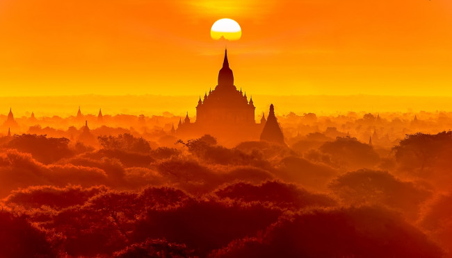 Обои картинки фото паган,  мьянма, города, - буддийские и другие храмы, деревья, панорама, храмы, солнце, закат