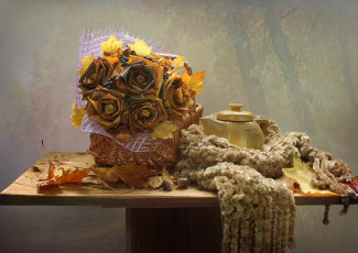 Картинка разное ремесла +поделки +рукоделие шарф чайник осень октябрь натюрморт листья