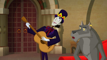 обоя мультфильмы, иван царевич и серый волк 3, шляпа, гитара, волк, существо