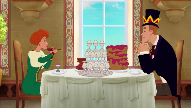 Обои картинки фото мультфильмы, иван царевич и серый волк 3, еда, торт, окно, стол, мужчина, девушка