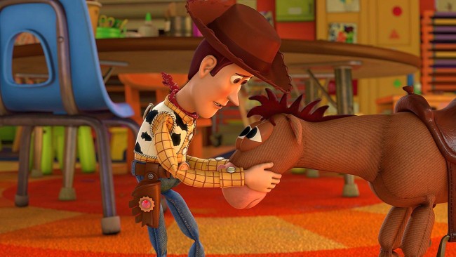 Обои картинки фото мультфильмы, toy story 3, шериф, игрушка, лошадь, эмоции