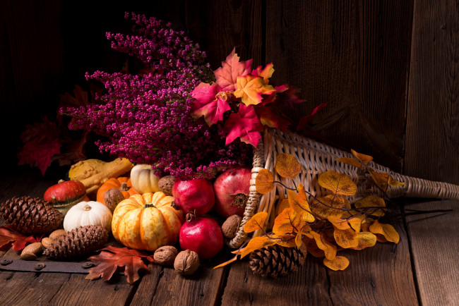 Обои картинки фото еда, натюрморт, цветы, тыква, орехи, дары, осени, гранат, листья