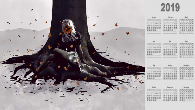 Обои картинки фото календари, фэнтези, девушка, листья, дерево
