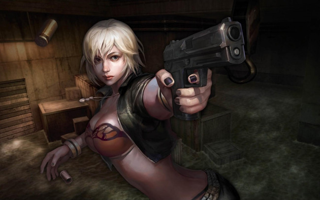 Обои картинки фото видео игры, counter strike, девушка, пистолет, гильза, склад