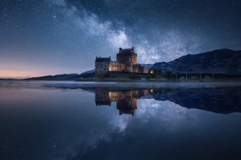 обоя города, замок эйлен-донан , шотландия, eilean, donan, castle, замок, ночь, звездное, небо