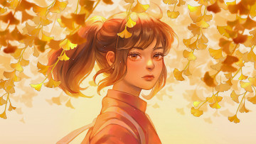 обоя аниме, spirited away, девочка, дерево, листья, гинкго