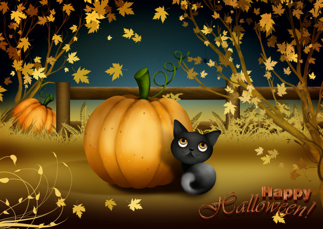 Обои картинки фото праздничные, хэллоуин, тыква, кот, осень