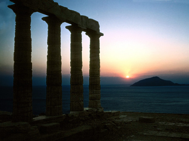 Обои картинки фото temple, of, poseidon, at, sunset, cape, sounion, greece, города