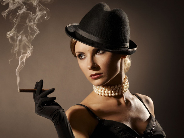 Обои картинки фото -Unsort Лица Портреты, девушки, unsort, лица, портреты, сигарета, жемчуг, шляпа, дым, перчатки