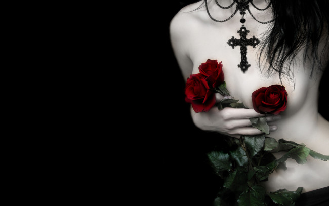 Обои картинки фото -Unsort Креатив, девушки, unsort, креатив, крест, грудь, розы