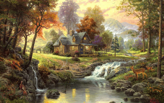 Обои картинки фото thomas, kinkade, рисованные, озеро, река, пейзаж, деревья, олени, дом, горы, утки