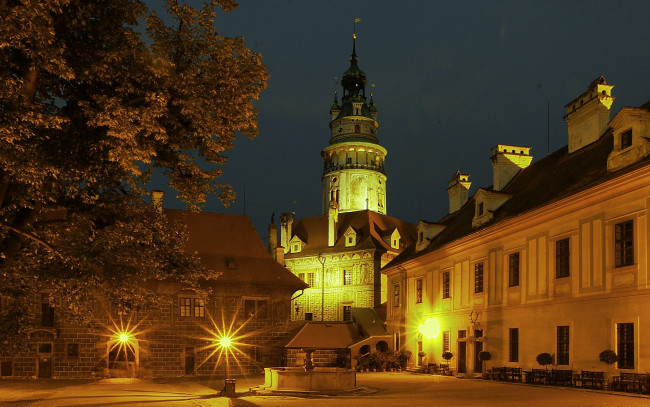 Обои картинки фото Чехия, Чески, крумлов, города, огни, ночного, ночь, замок, дома