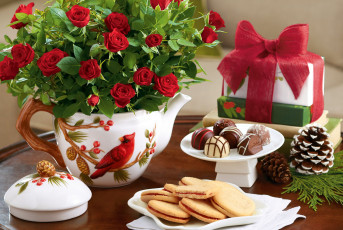 обоя праздничные, угощения, ассорти, конфеты, розы, шишки, печенье, подарки, букет