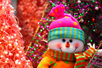 обоя праздничные, снеговики, елки, шапочка, шарф, снеговик