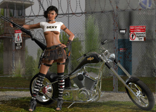 обоя мотоциклы, 3d, взгляд, мотоцикл, девушка, забор, оружие