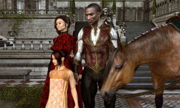 Картинка 3д+графика люди+ people мужчина дом лестница лошадь семя девушка
