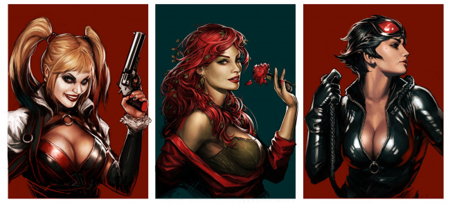 Обои картинки фото рисованное, комиксы, poison, ivy, catwoman, selina, kyle, batman, dc, comics, Ядовитый, плющ, harley, quinn