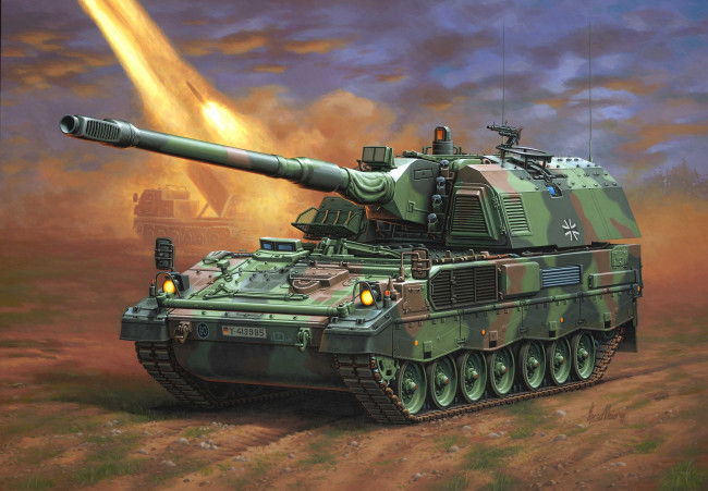 Обои картинки фото техника, военная техника, германия, самоходная, артиллерийская, установка, бронированная, гаубица, panzerhaubitze, 2000, бундесвер, рисунок, enzo, maio, pzh, сау