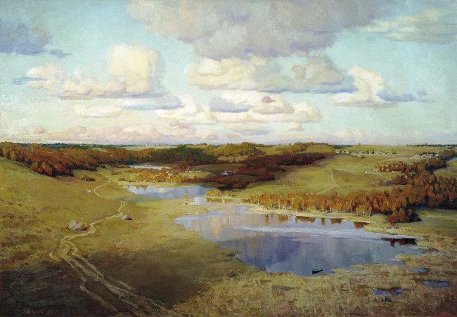 Обои картинки фото изборская долина - олег штыхно, рисованное, живопись, тучи, деревья, луга, озера, осень, небо