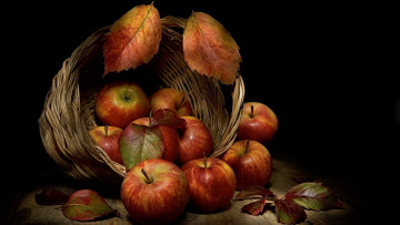 Картинка еда яблоки листья корзина