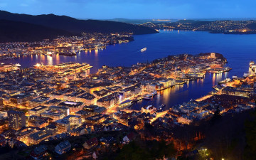 обоя города, берген , норвегия, панорама, ночь, огни