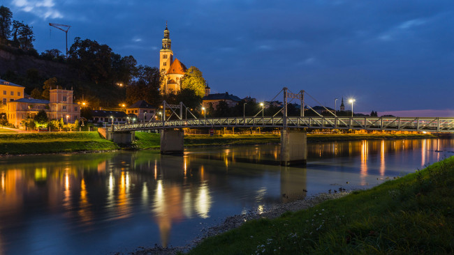 Обои картинки фото города, зальцбург , австрия, мост, река, огни, вечер