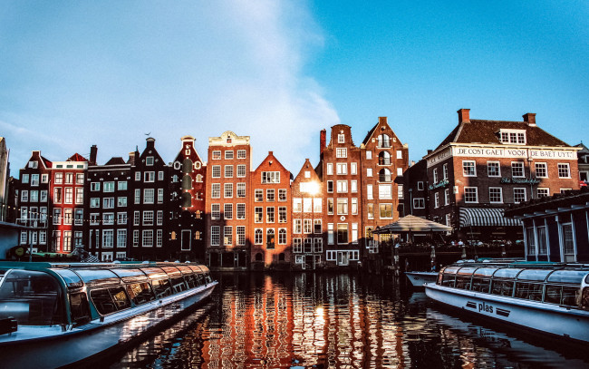 Обои картинки фото города, амстердам , нидерланды, лодки, здания, канал