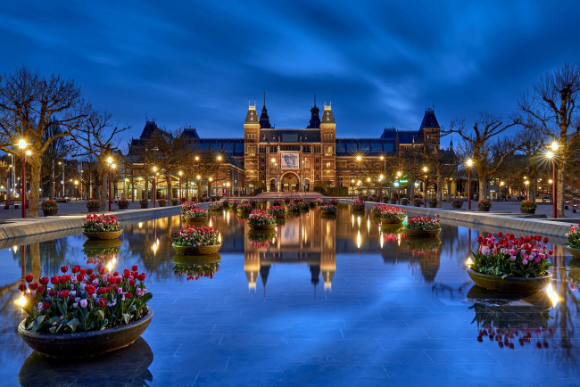Обои картинки фото города, амстердам , нидерланды, огни, вечер