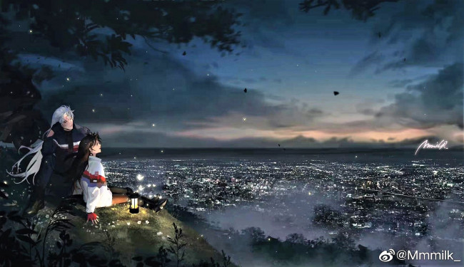 Обои картинки фото аниме, inuyasha, парень, девушка, фонарь, панорама, город