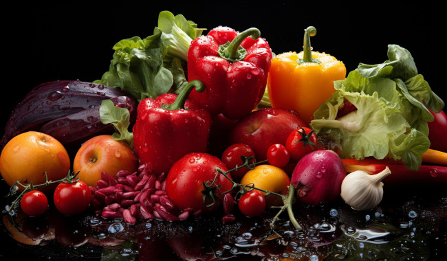 Обои картинки фото еда, овощи, лук, чеснок, перец, помидоры, салат