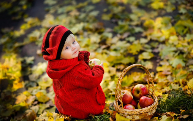 Обои картинки фото разное, дети, девочка, берет, корзина, яблоки, листья