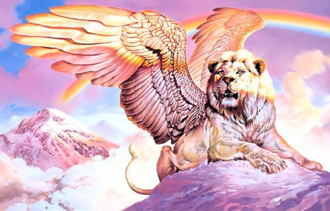 Обои картинки фото фэнтези, существа, лев, крылья, скала, радуга