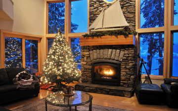 Картинка праздничные новогодний очаг камин елка ветки