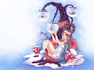 Картинка аниме merry chrismas winter мухоморы девочка